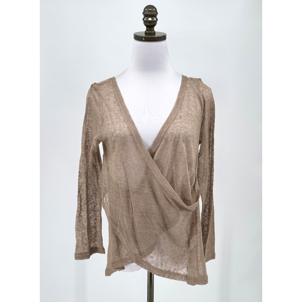 Cannisse Kunfou Womens Brown 100% Linen Lightweight Faux Wrap Top Sz L